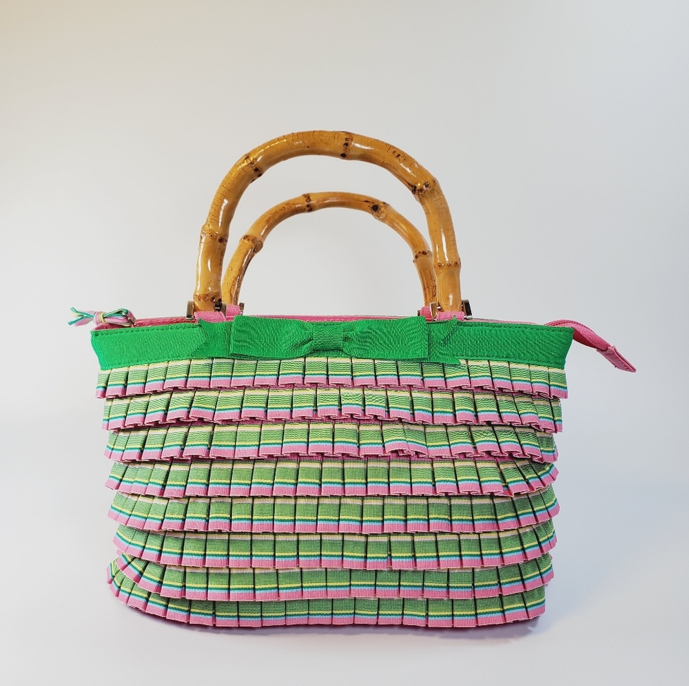 NEW Bamboo Handle Pink Y2K Barbie Girl Blue Striped Ruffles Green Bow Purse Bag